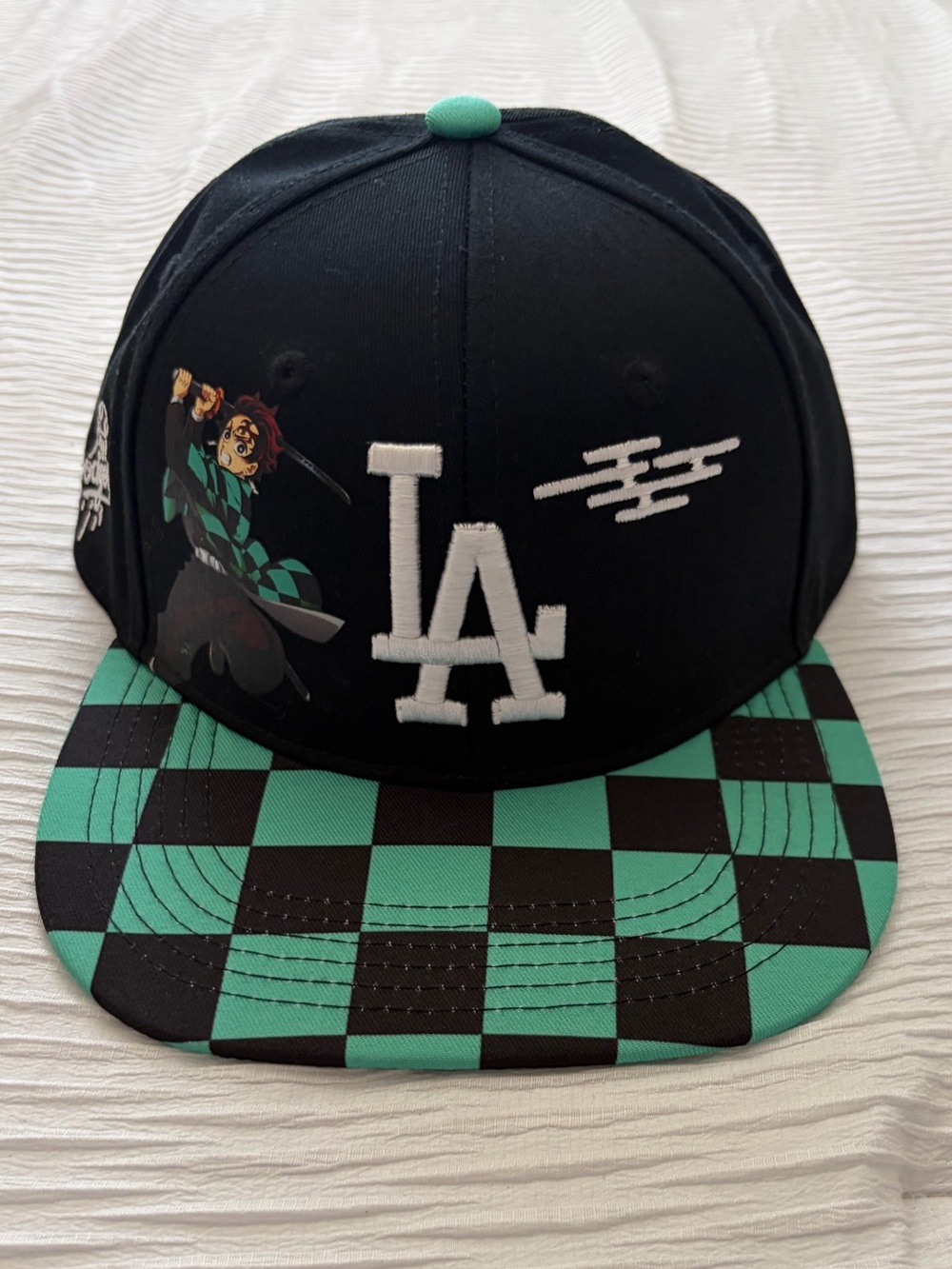 LA Dodgers Anime Demon Slayer Black & Green Checker Snapback Hat